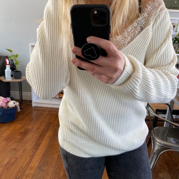 Cream Sweater with Lace Neckline - Picture 4 of 11